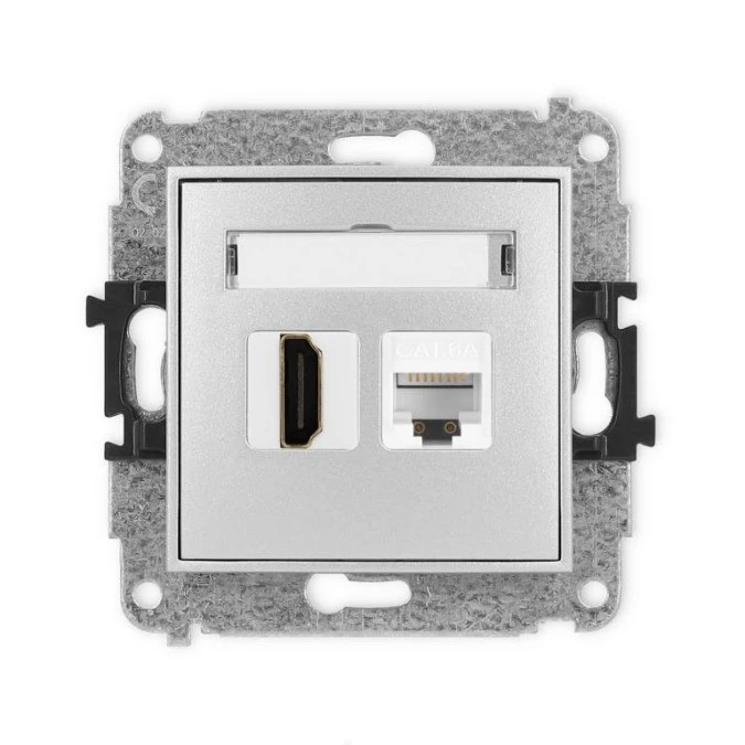 MINI Mechanizm gniazda pojedynczego HDMI 2.0, 4K + gniazda komp. poj. 1xRJ45, kat. 6A, 8‑stykowy srebrny metalik 7MGHK‑46A - obrazek 1