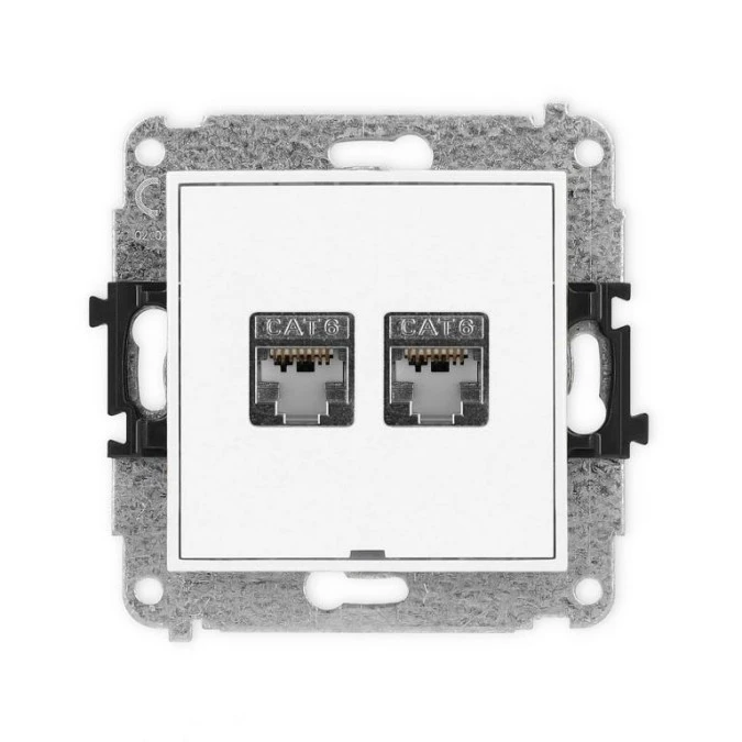 MINI Mechanizm gniazda komputerowego podwójnego 2xRJ45, kat. 6, ekranowane, 8‑stykowy, bez pola opisowego biały mat 25MGKBO‑6 - obrazek 1