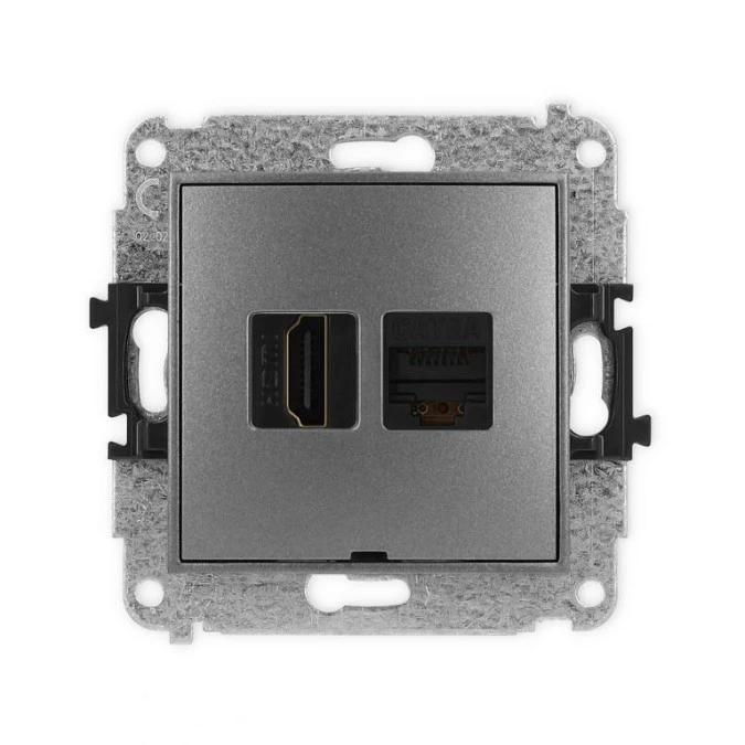 MINI Mechanizm gniazda HDMI 2.1, 8K + gniazda komp. poj. 1xRJ45, kat. 6A, 8‑stykowy, bez pola opisowego grafitowy 11MGHKBO‑86A - obrazek 1