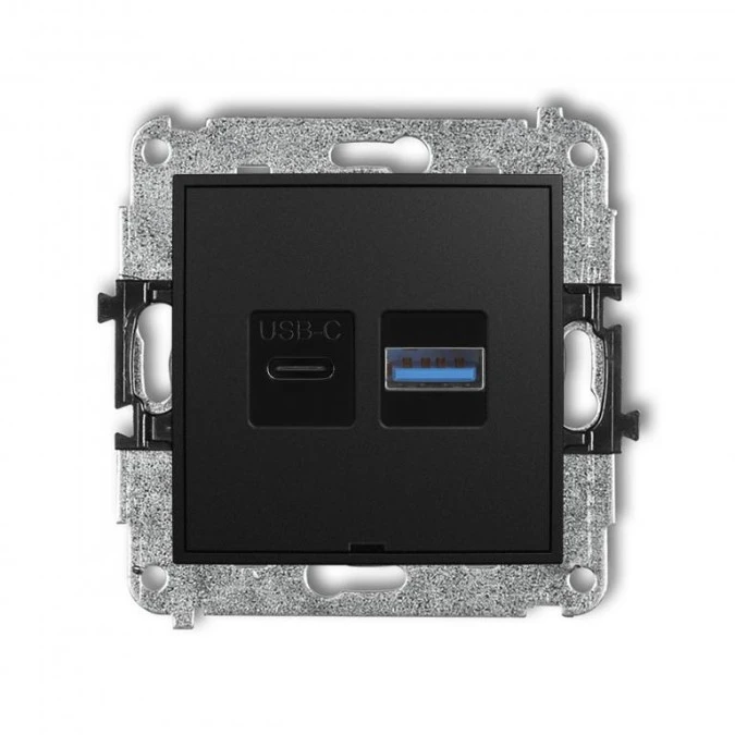 MINI Mechanizm ładowarki USB podwójnej USB C + USB A, 30W max., bez pola opisowego czarny mat 12MCUSBBO‑10