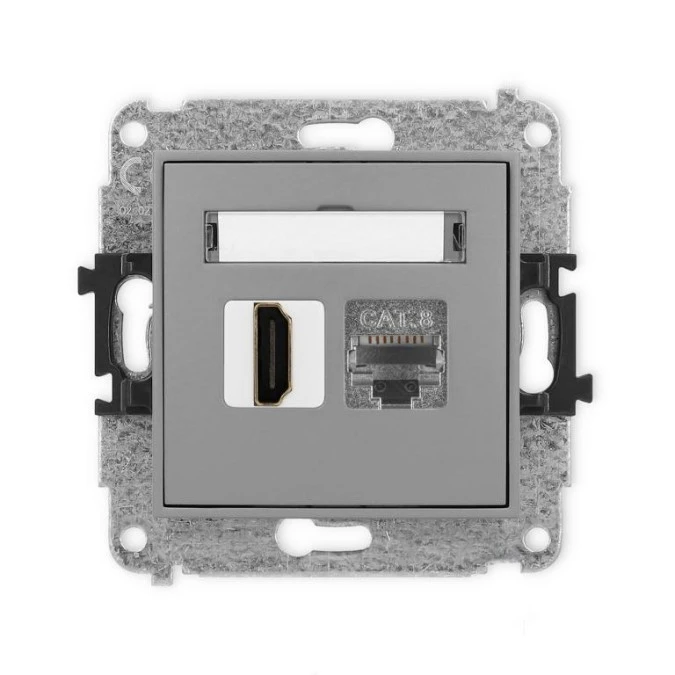 MINI Mechanizm gniazda pojedynczego HDMI 2.1, 8K + gniazda komp. poj. 1xRJ45, kat. 8, ekranowany, 8‑stykowy szary mat 27MGHK‑88 - obrazek 1