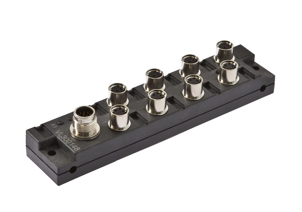 Moduł logiczny 26x136x30mm AND 4‑krotny 10‑30VDC złącze M8 żeńskie 3‑PINowe złącze M12 męskie 12‑PINowe IP67 VL300148 - obrazek 1