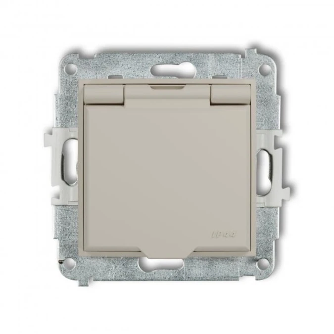 MINI Mechanizm gniazda bryzgoszczelnego z uziemieniem 2P+Z (klapka biały mat, przesłony torów prądowych) taupe 60IGPB‑1zp - obrazek 1