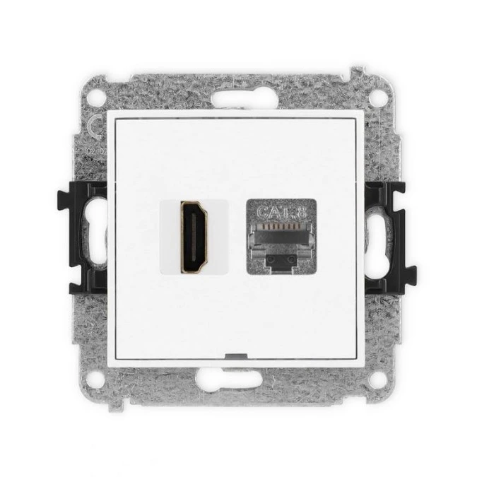 MINI Mechanizm gniazda HDMI 2.1, 8K + gniazda 1xRJ45, kat. 8, ekranowany, 8‑stykowy, bez pola opisowego biały mat 25MGHKBO‑88 - obrazek 1
