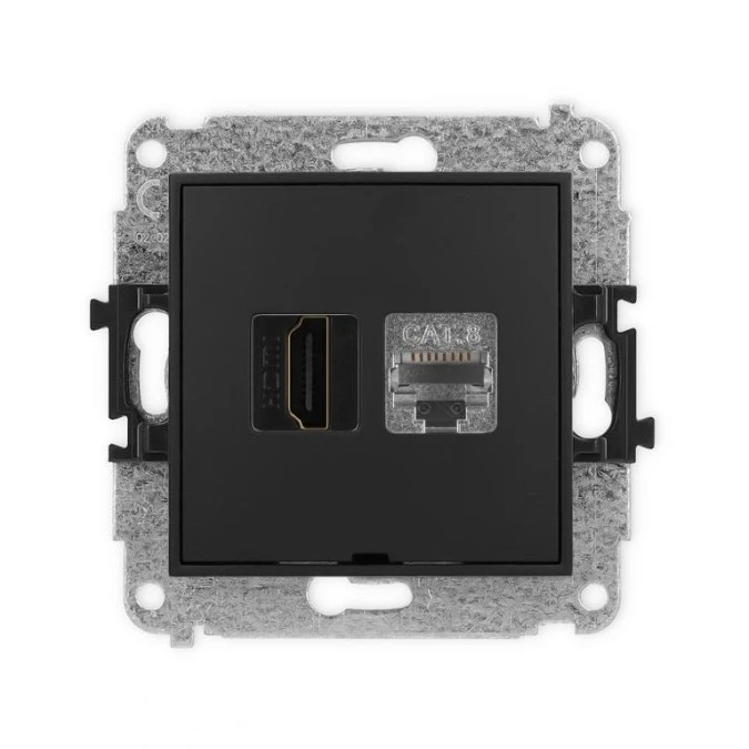 MINI Mechanizm gniazda HDMI 2.1, 8K + gniazda 1xRJ45, kat. 8, ekranowany, 8‑stykowy, bez pola opisowego czarny mat 12MGHKBO‑88 - obrazek 1