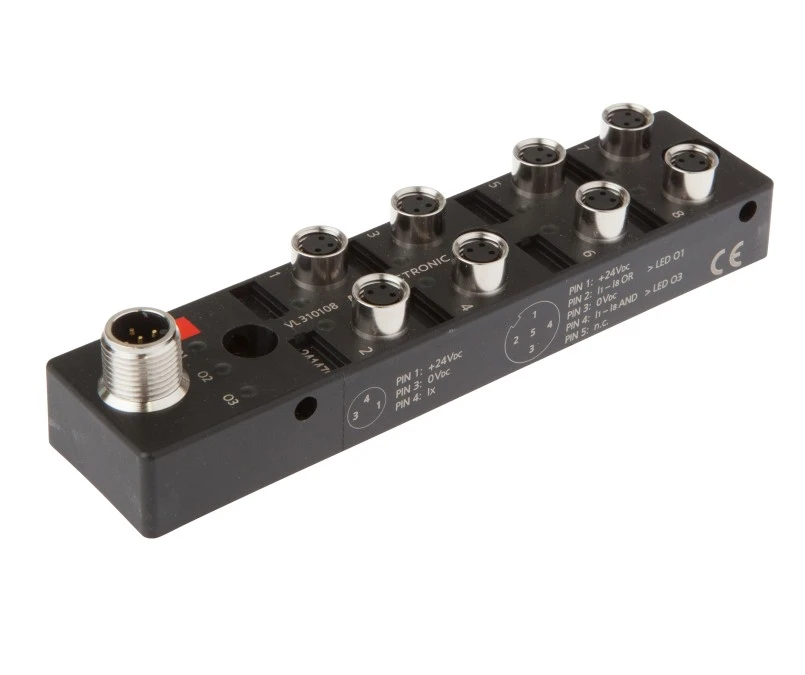 Moduł logiczny 27x130x31mm AND/OR 8‑krotny 10‑30VDC ‑30‑85 stC złącze M8 żeńskie 3‑PINowe złącze M12 męskie 4‑PINowe IP67 VL310 - obrazek 1