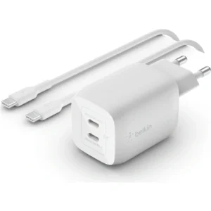 Ładowarka sieciowa Belkin Boost Pro Wall Dual USB C PD 3.0 PPS GaN 65W + kabel C/USB 2m, biała Ładowarka sieciowa Belkin Boost Pro Wall Dual USB C PD 3.0 PPS GaN 65W + kabel C/USB 2m, biała