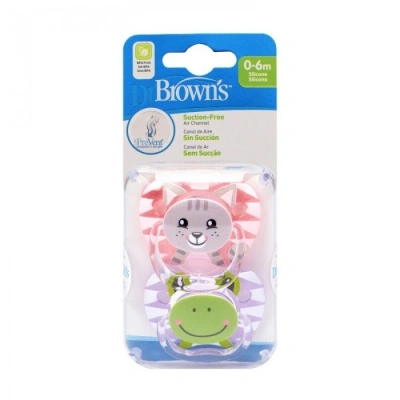 Dr. Brown’s, Prevent, Smoczek uspokajający, Zwierzęta, 0 6m, Różowy, 2 szt.